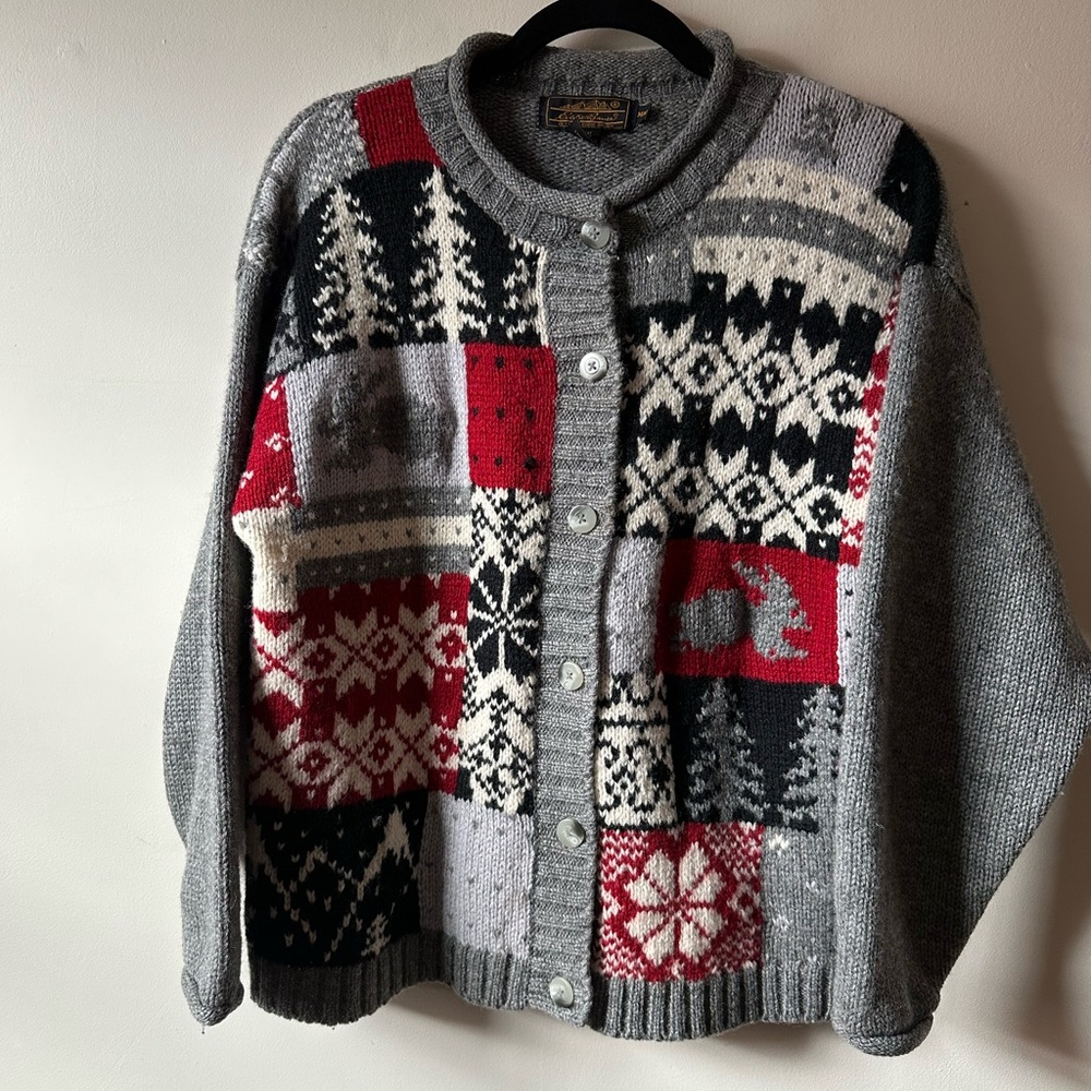 Eddie Bauer 100% Wool Patchwork Rabbit Design Button Up Sweater